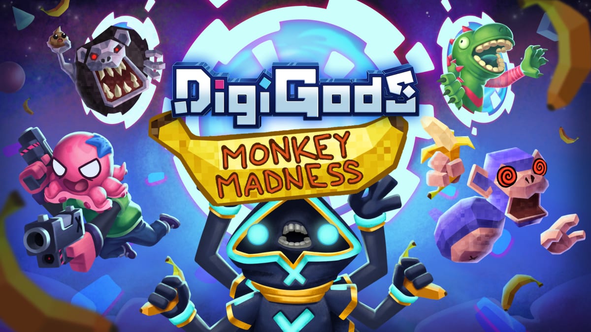DigiGods Monkey Madness update key art with the DigiGods cast, flying bananas and a monkey totem