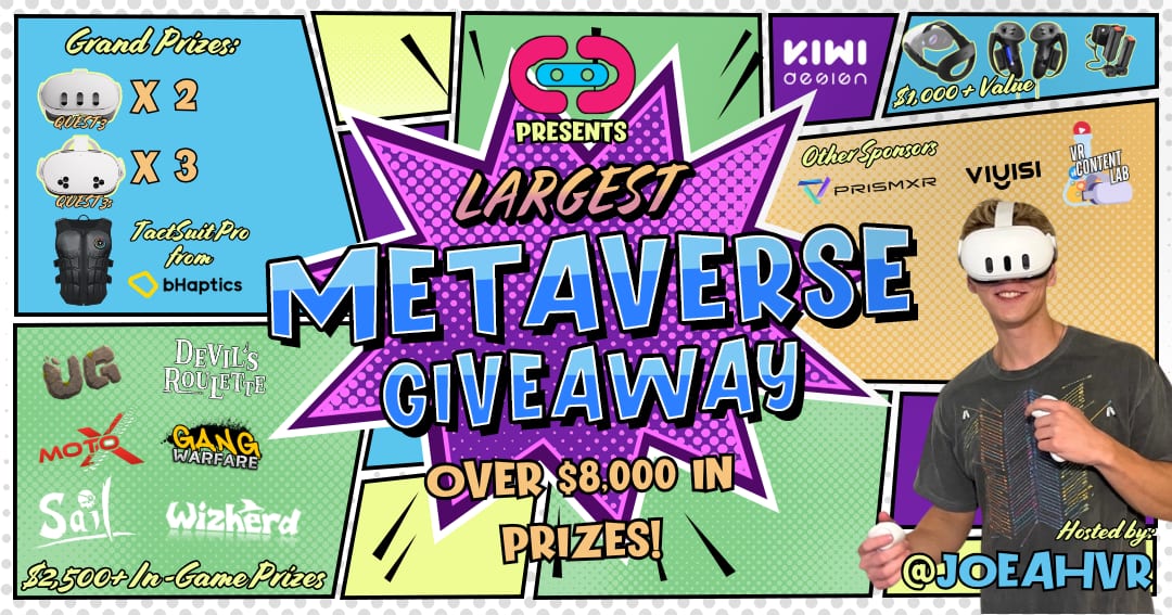 Comic-style giveaway banner with JoeahVR in a Quest 3, surrounded by headsets, a bHaptics TactSuit Pro, and partner logos