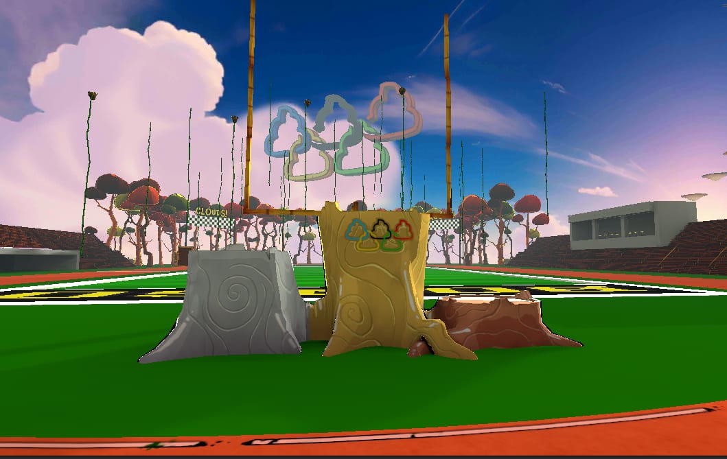 The Doolympic Park map in Monkey Doo: tree-stump platforms on a green field ringed by a running track