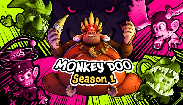 Monkey Doo Season 1 key art with a crowned monkey king surrounded by costumed monkeys in green and pink