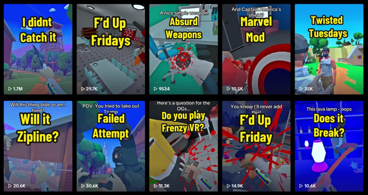 Grid of Frenzy VR TikTok posts including the F'd Up Fridays and Twisted Tuesdays series, top video at 1.7M views