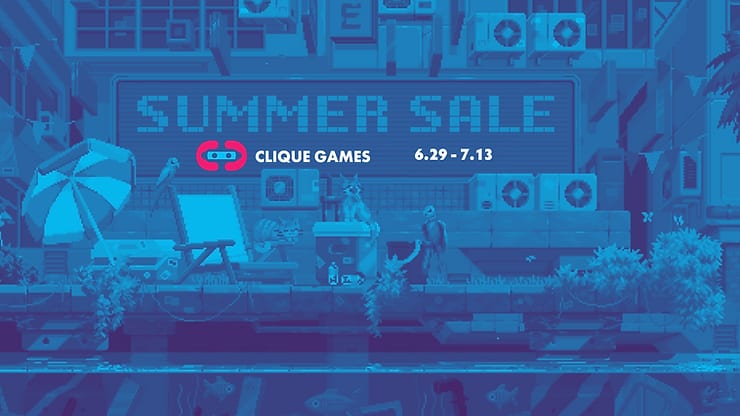 Blue Clique Games Summer Sale banner over a pixel-art beach scene, dated 6.29 to 7.13