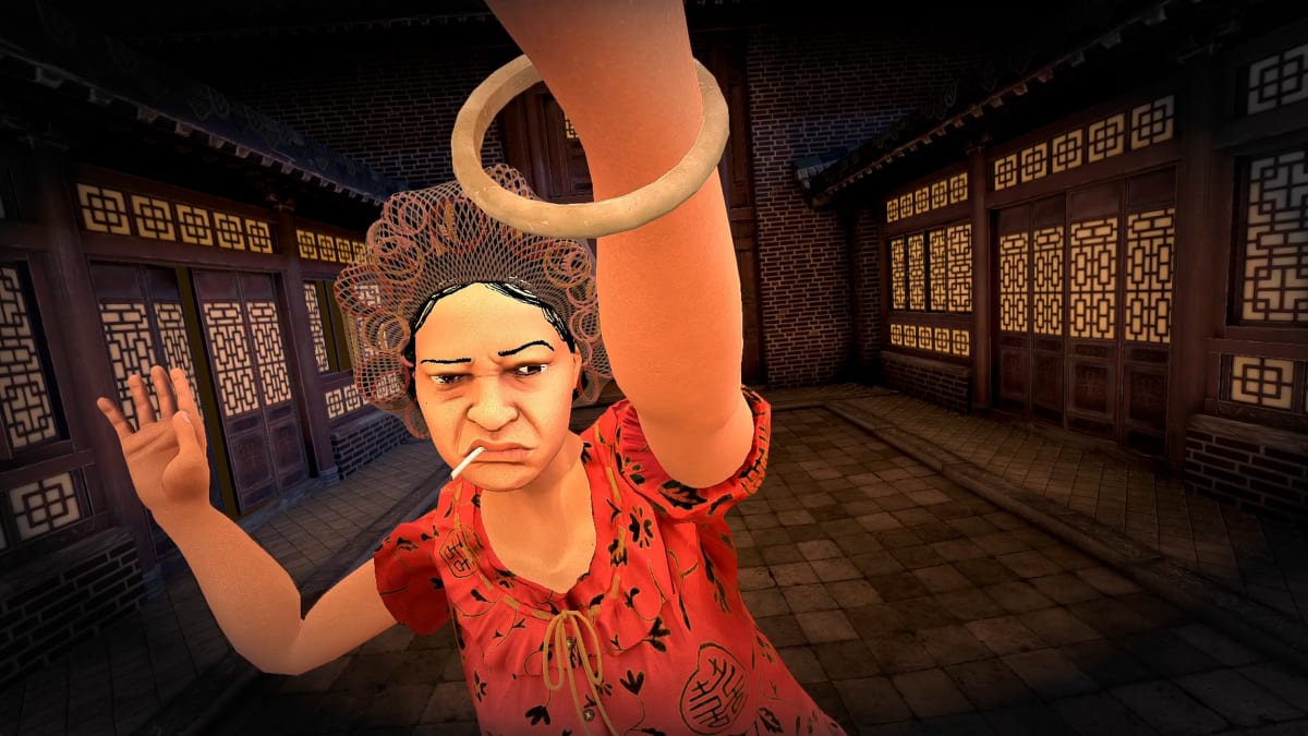 The Landlady in hair curlers and a red floral dress, scowling as she raises a hand to strike