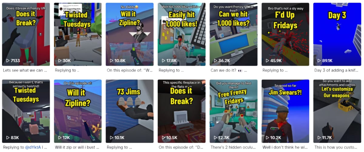 Grid of Frenzy VR TikTok posts titled Will it Zipline? and Twisted Tuesdays with tens of thousands of views