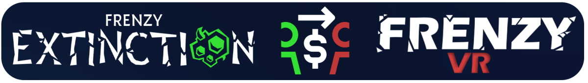 Frenzy Extinction logo linked by an arrow and dollar sign to the Frenzy VR logo