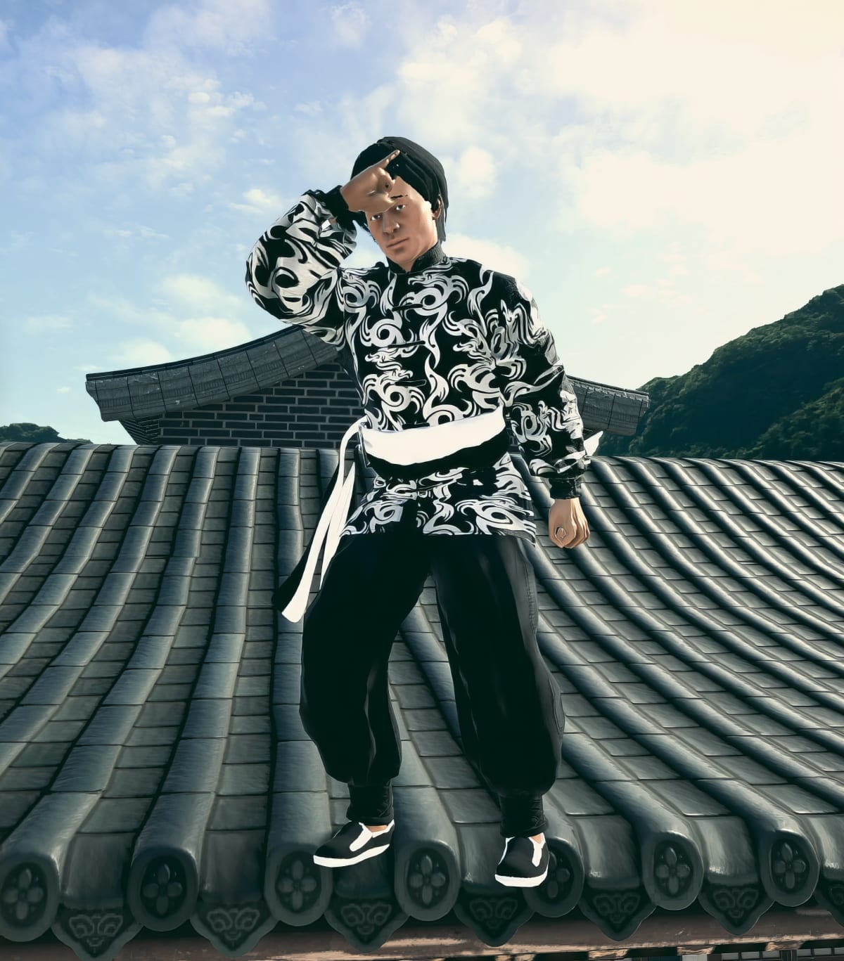 Custom Fighter Forge character in a black-and-white patterned jacket posing on temple rooftop tiles
