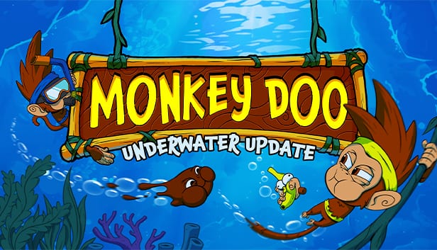 Monkey Doo Underwater Update key art with snorkeling monkeys swimming past coral beneath a wooden sign