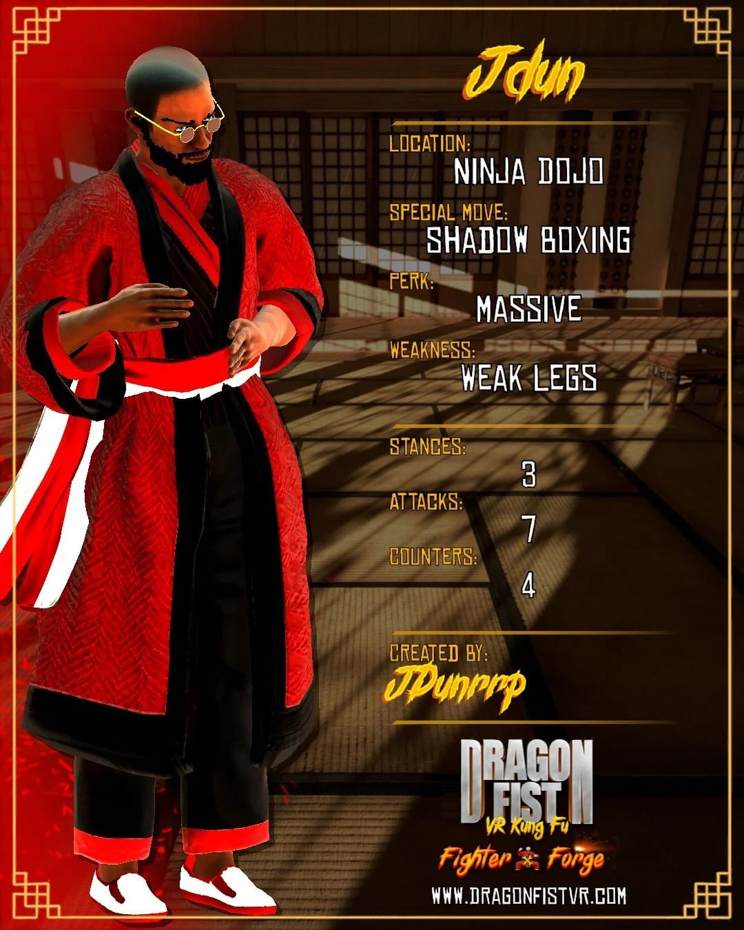 Gauntlet fighter card: a bearded fighter in a long red robe at the Ninja Dojo, special move Shadow Boxing
