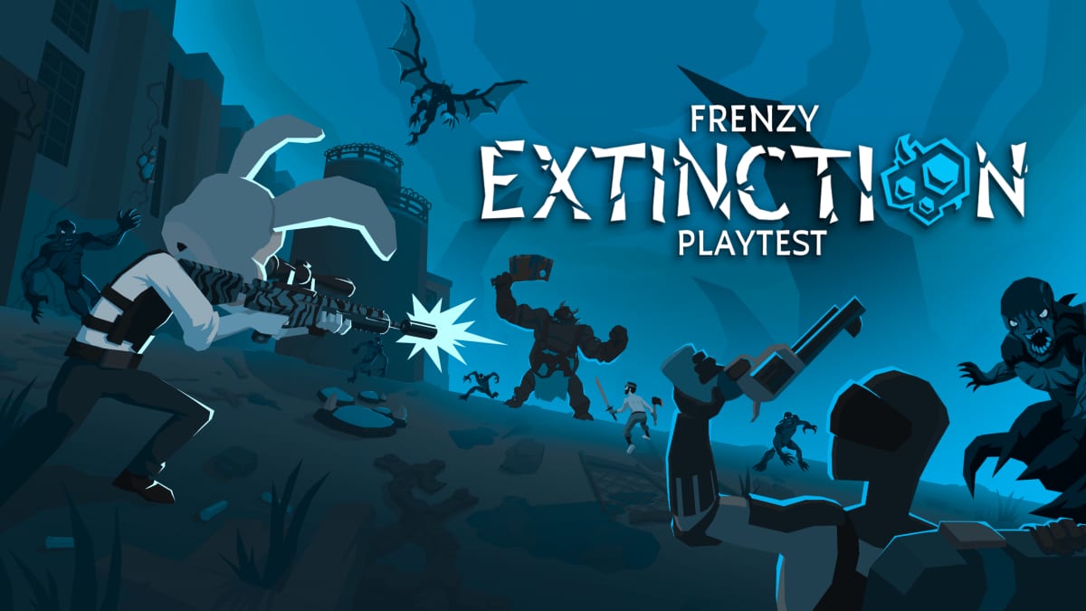 Frenzy Extinction Playtest art: a rabbit-eared survivor firing on a mutant horde in blue silhouette