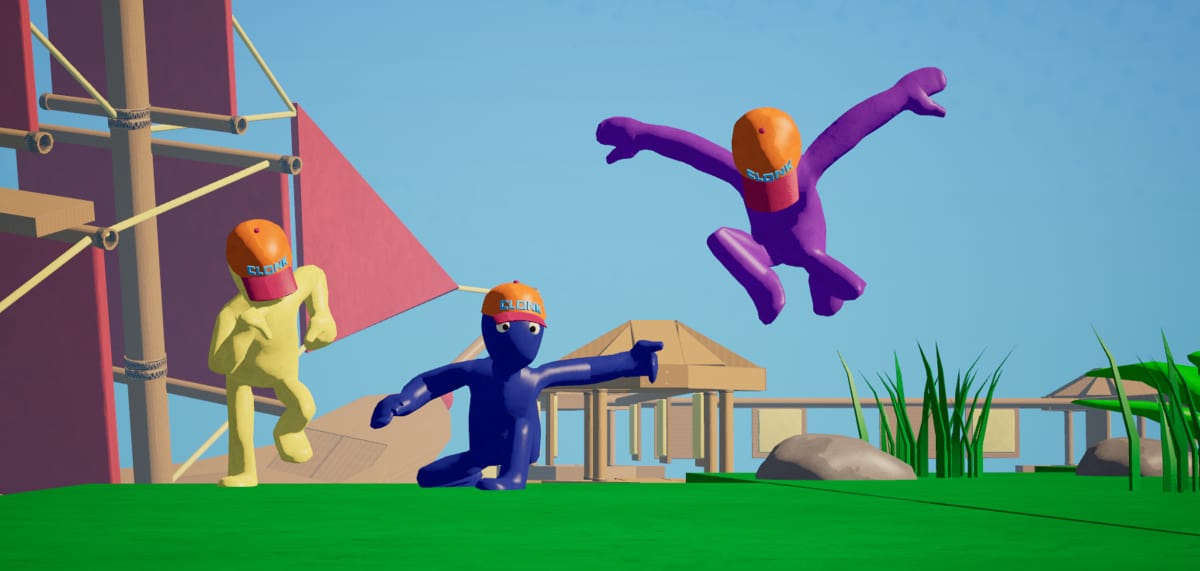 Three Clonk clay figures in purple, blue, and yellow wearing masks, one leaping mid-air on a grassy island map