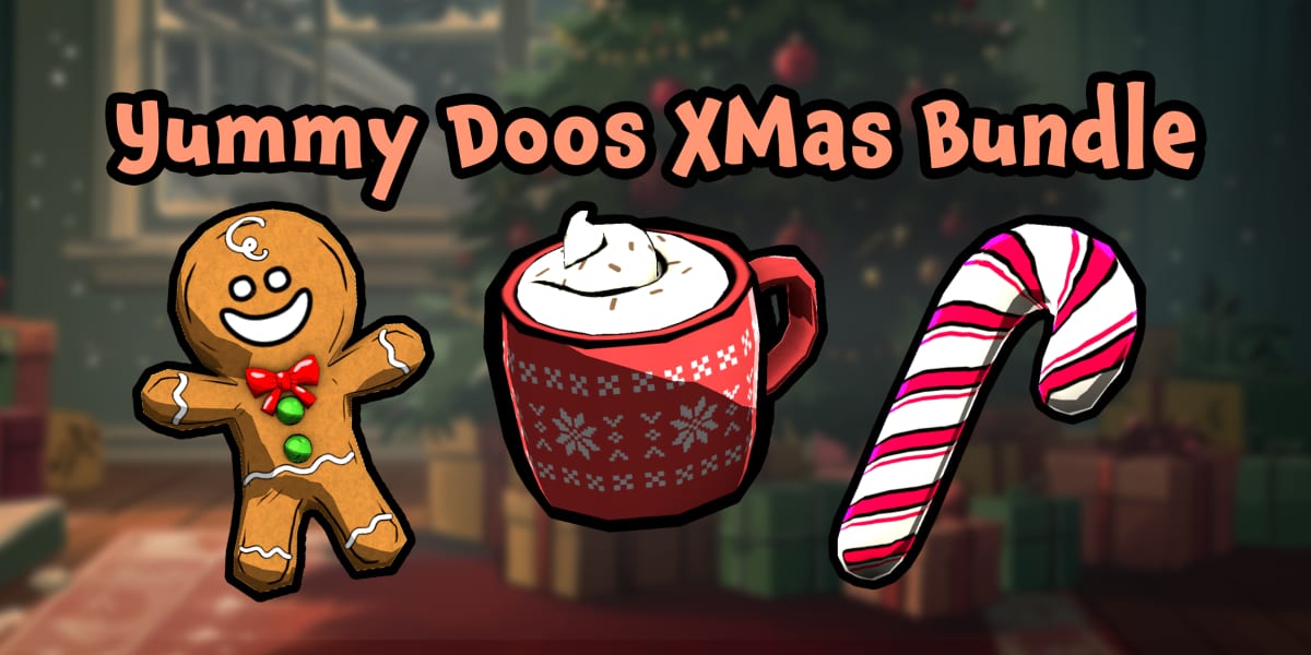 Yummy Doos XMas Bundle art with a gingerbread man, a mug of cocoa, and a candy cane in front of a Christmas tree