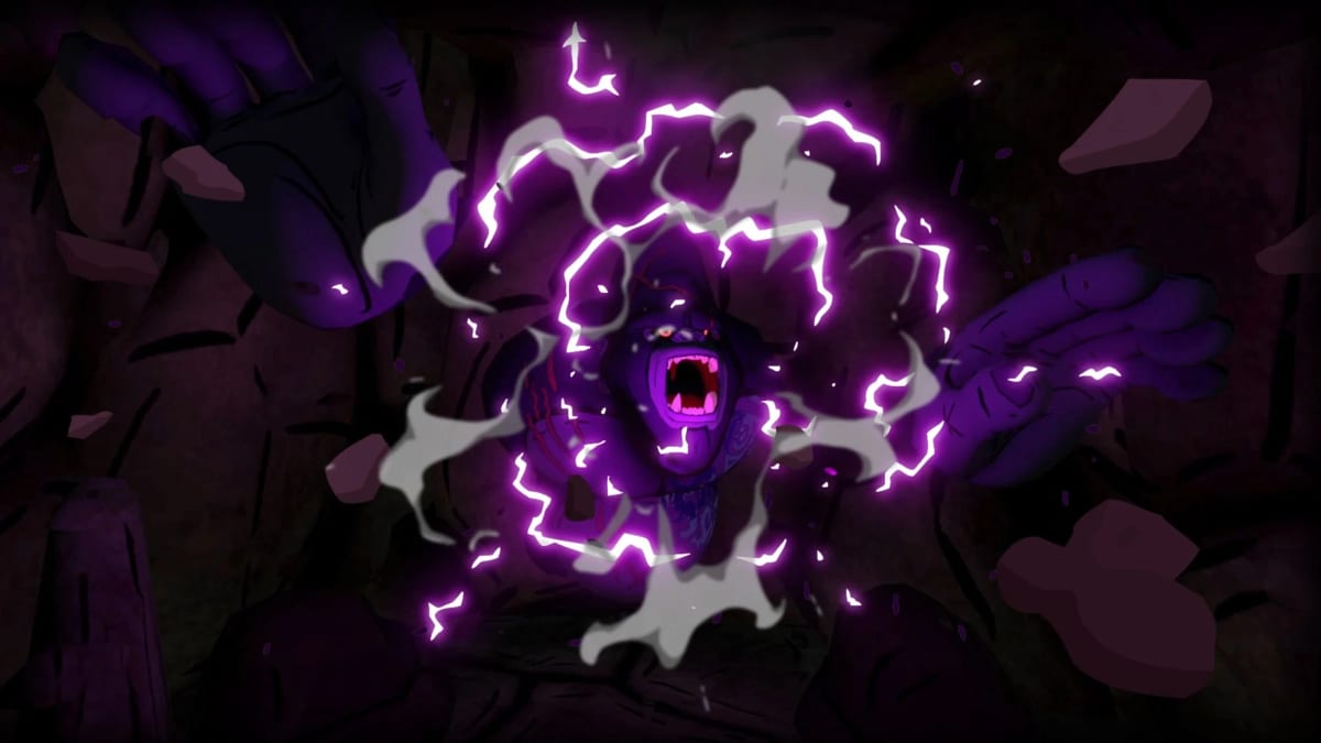 Xongo screaming inside a crackling ball of purple lightning and smoke deep in the ruby mines