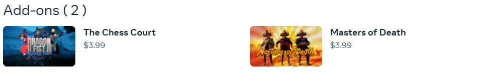 Add-ons row listing two Dragon Fist add-ons, The Chess Court and Masters of Death, each priced at $3.99
