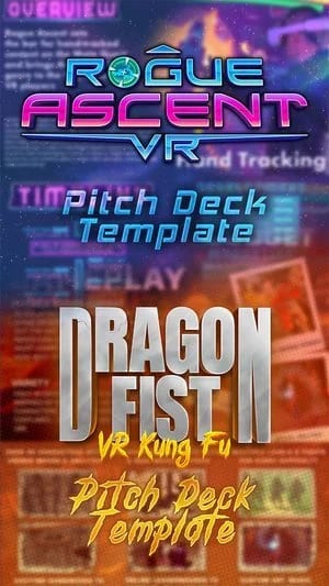 Rogue Ascent VR and Dragon Fist: VR Kung Fu pitch deck template covers layered over sample slides