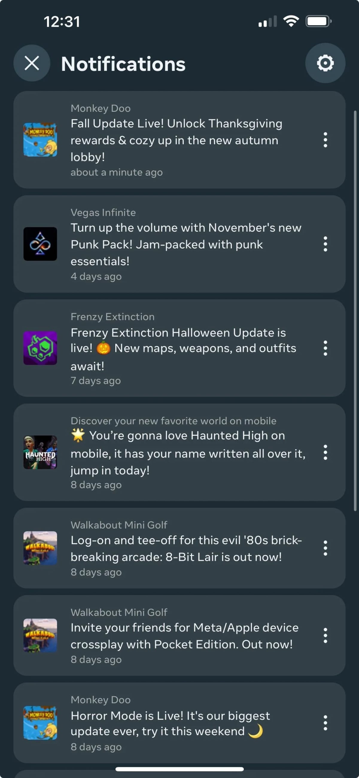 Meta Horizon phone app notifications feed with update alerts from Monkey Doo, Frenzy Extinction, and Walkabout Mini Golf