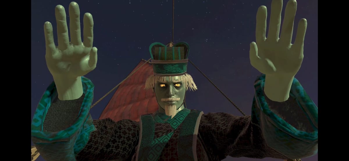 Zombify mode: a green-skinned fighter in a green cap and robe holding both palms up on the night-time junk ship