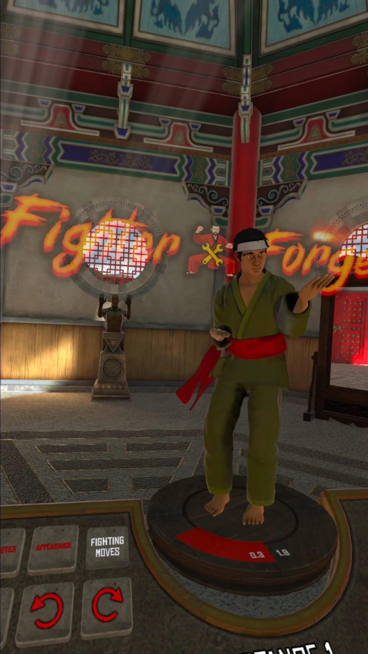 Fan-made fighter in an olive gi with a red sash and headband beside the Fighter Forge fighting moves panel