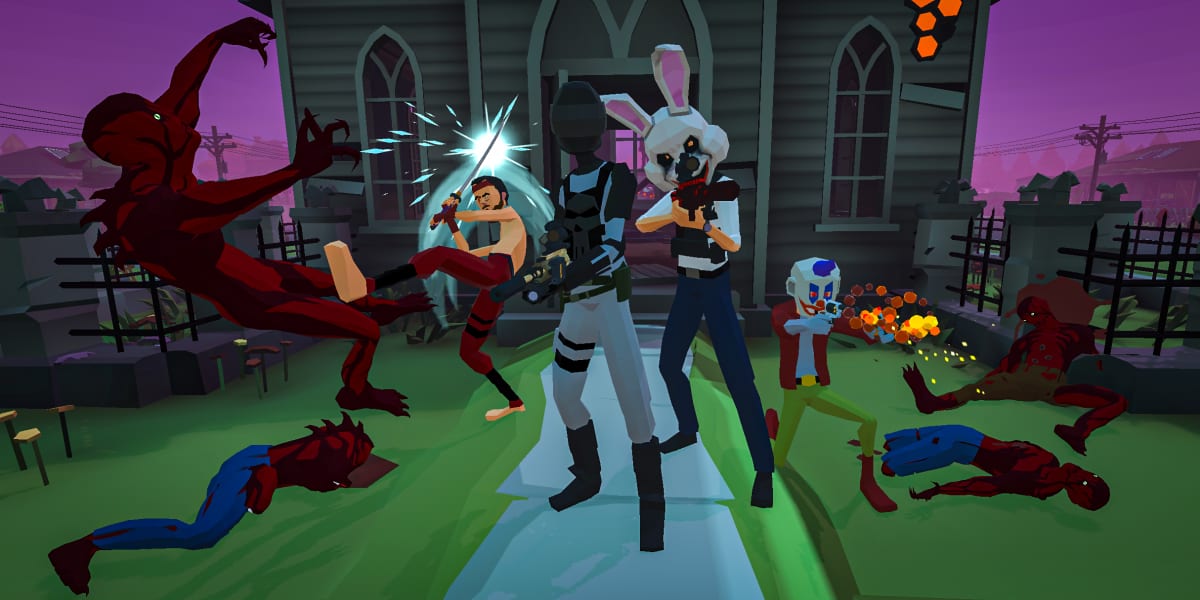 Four masked Frenzy Extinction survivors fight off red Ridden mutants outside a church at dusk