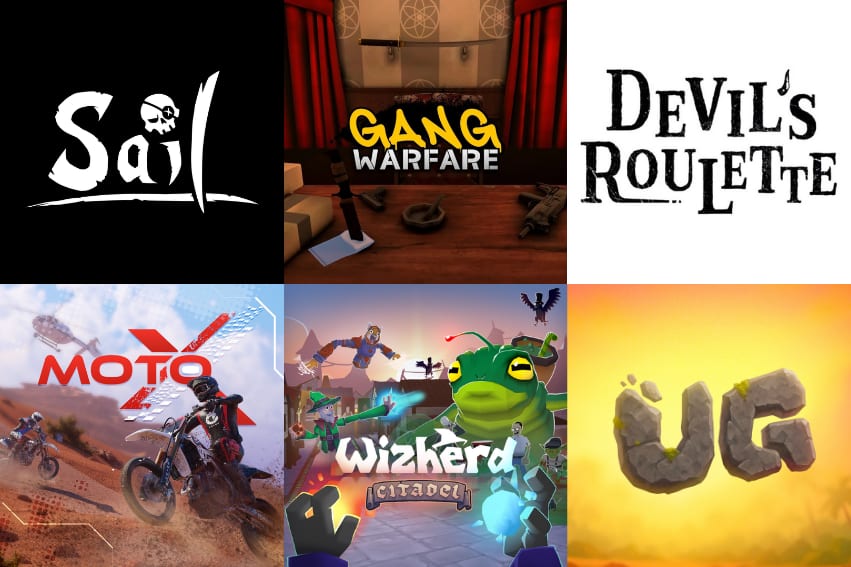 Grid of six game logos and key art tiles, arranged two rows by three
