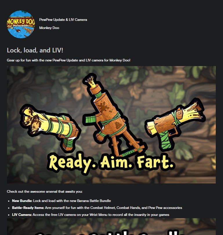 Monkey Doo PewPew Update Store Post headlined Lock, load, and LIV! with three banana blasters and a Ready. Aim. Fart. banner