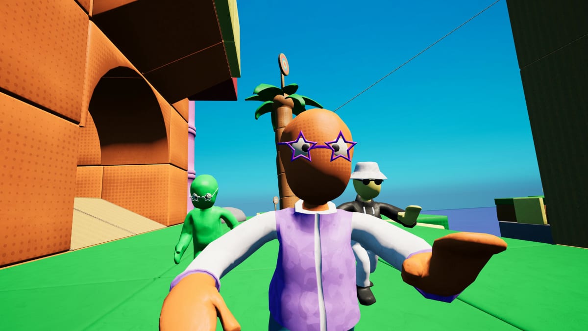 Clay character in star-shaped sunglasses spreading its arms as two rivals close in across an orange level
