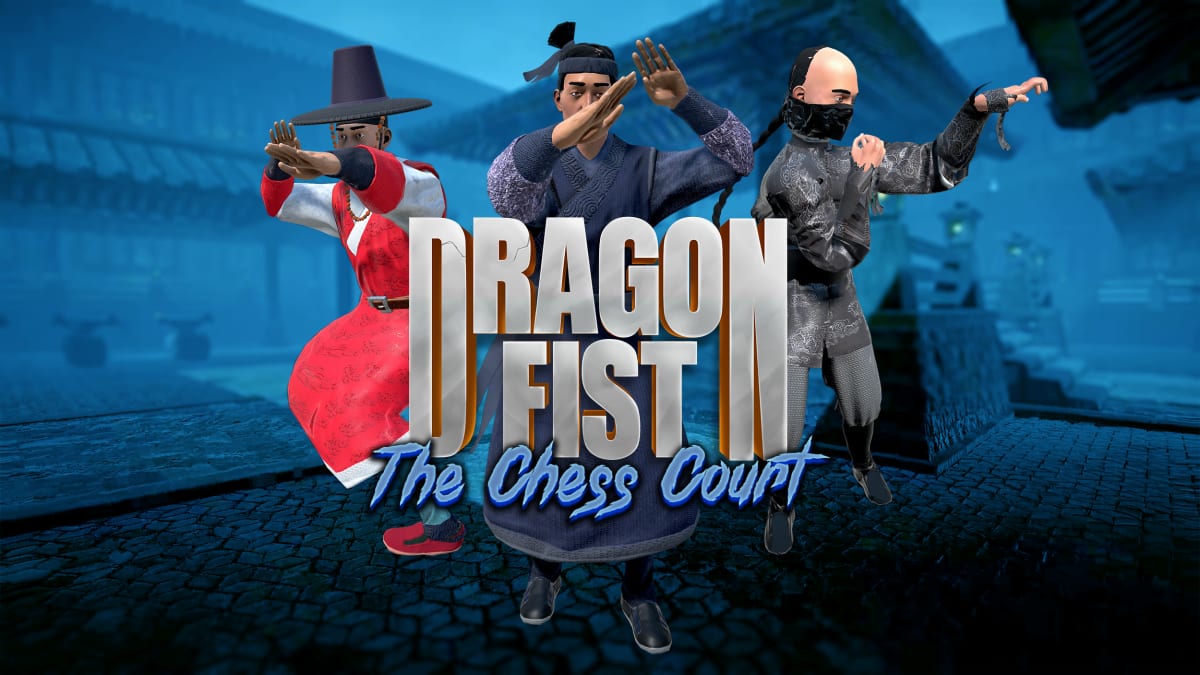 Dragon Fist: The Chess Court key art with the three new fighters posed over the rainy courtyard