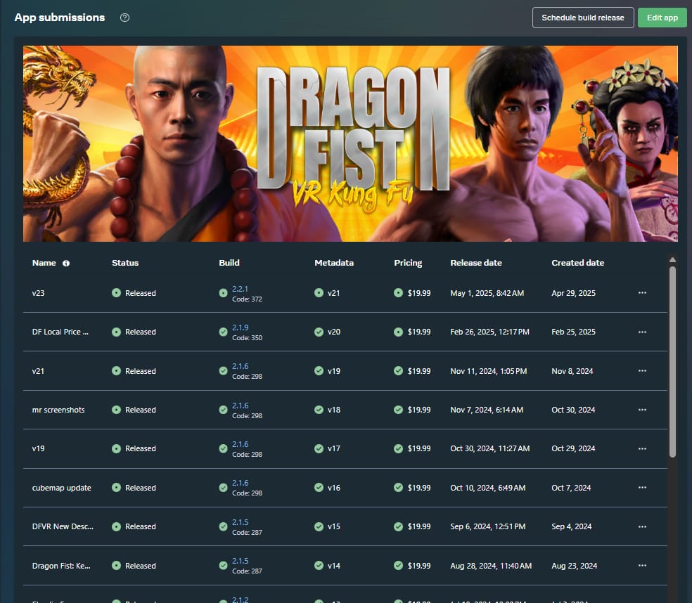 App submissions table beneath the Dragon Fist: VR Kung Fu banner, listing released versions with build, metadata, pricing, and dates