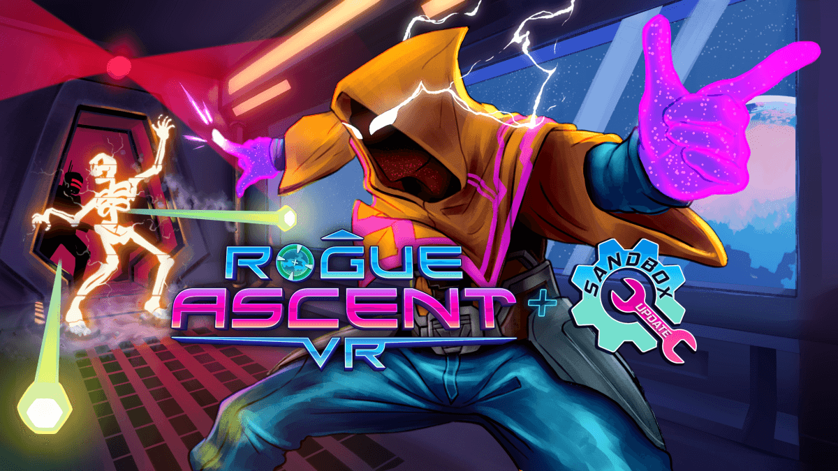 Rogue Ascent VR Sandbox Update key art with a hooded hero casting neon energy at a glowing skeleton