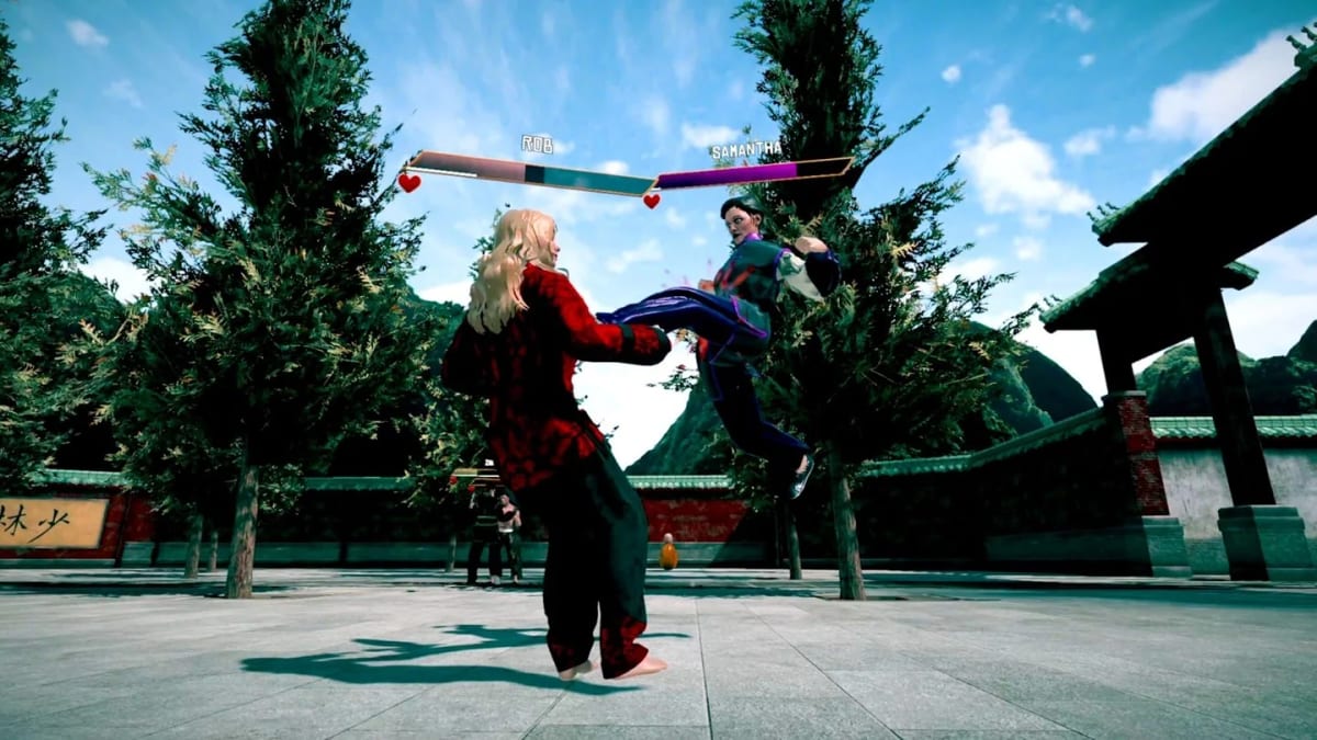 Dragon Fist: VR Kung Fu fighters clashing at a mountain temple as a staff spins through the air between them