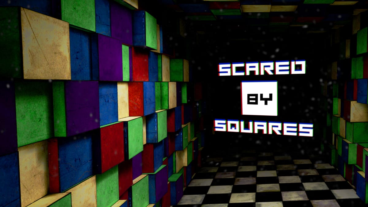 Scared By Squares key art: the title glowing at the end of a dim corridor of colored cubes