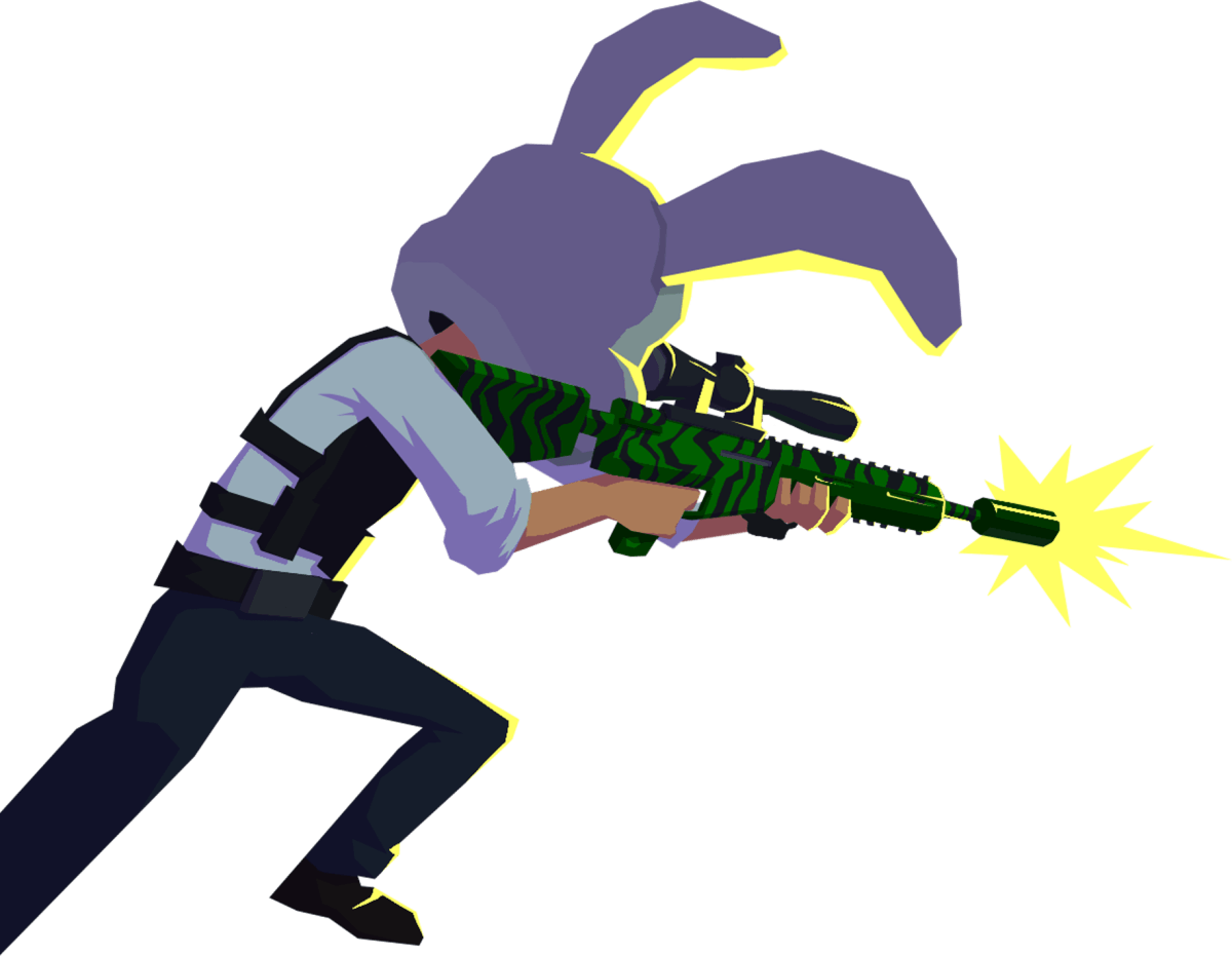 Frenzy Extinction character art of a survivor in a rabbit mask firing an assault rifle mid-stride
