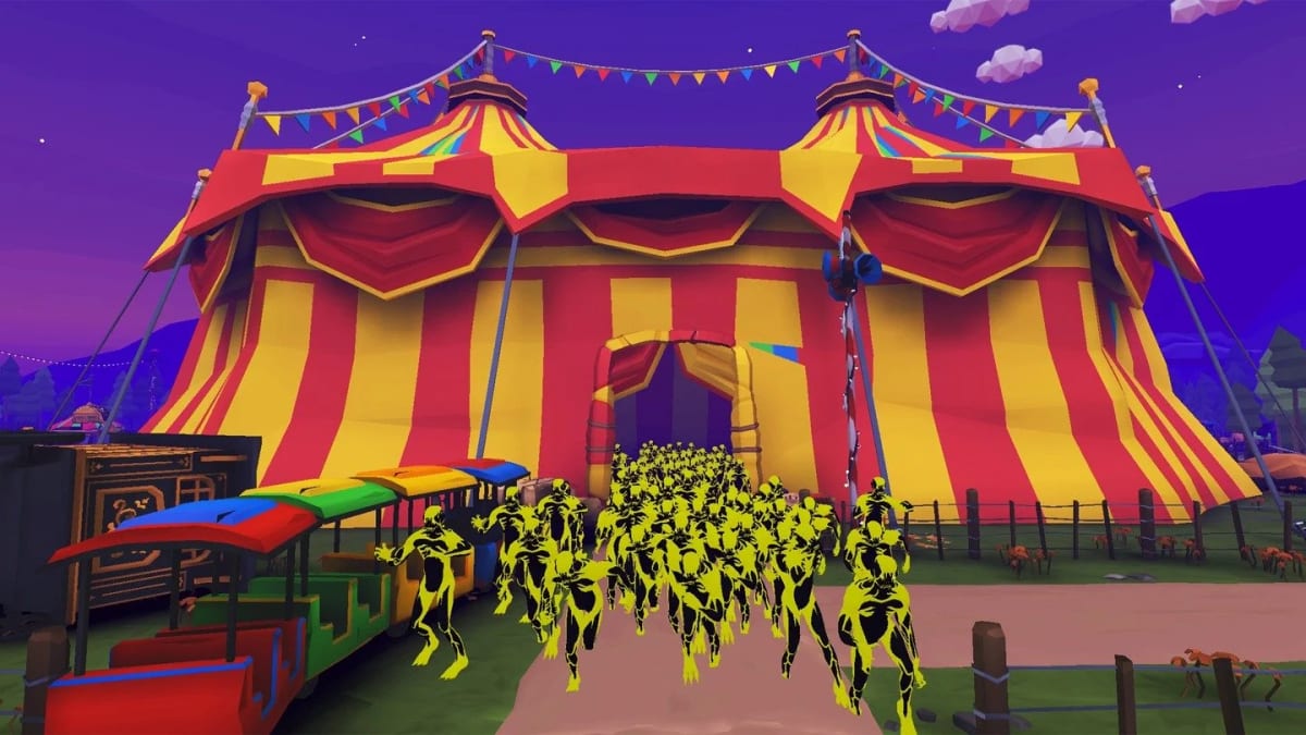 A swarm of glowing yellow Ridden charging out of a red and yellow circus tent in Frenzy Extinction