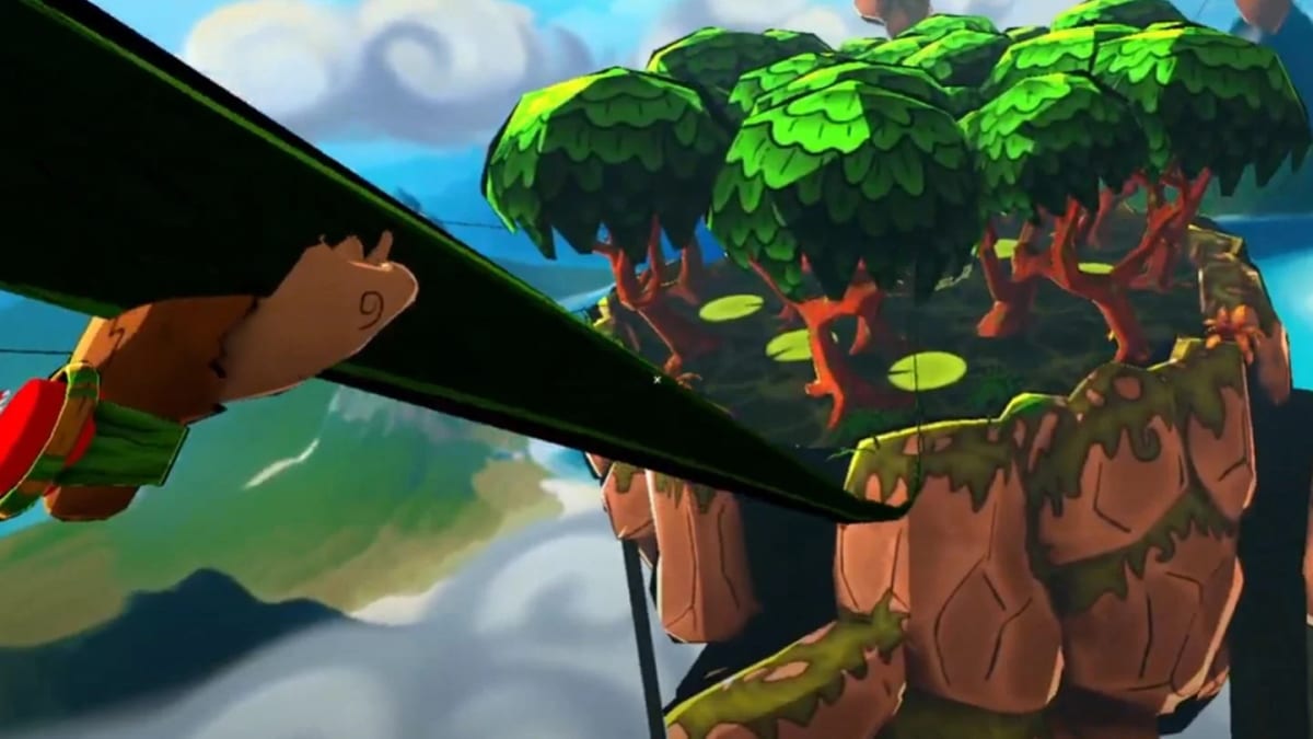 First-person Monkey Doo view of a player gripping a zipline rope toward floating jungle tree islands