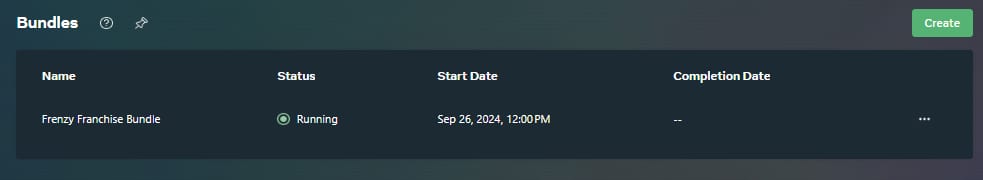 Bundles table with one running entry, the Frenzy Franchise Bundle, started September 26, 2024