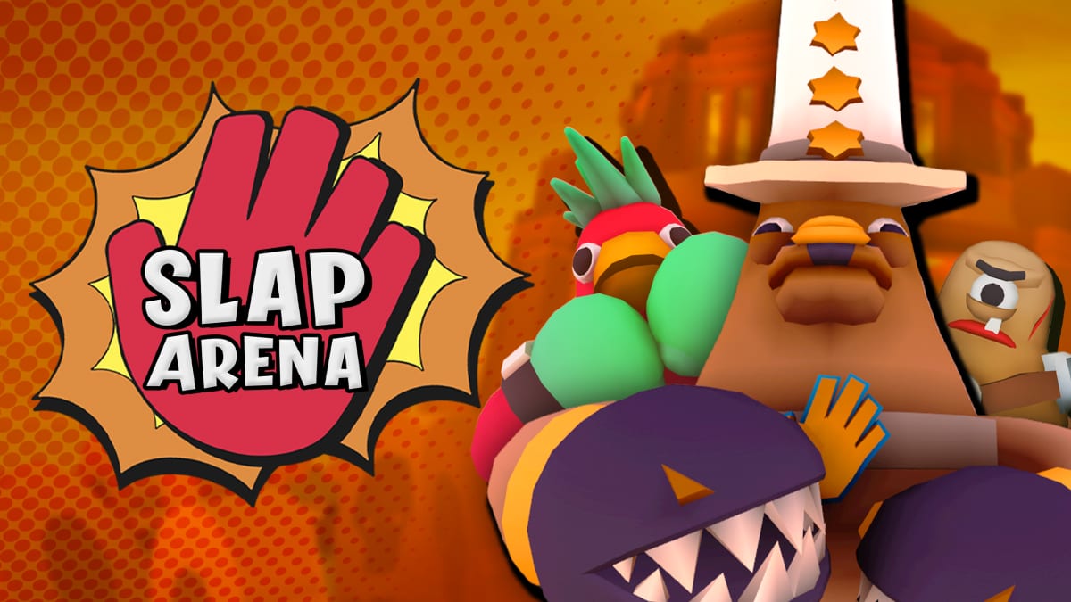 Slap Arena logo shaped like a giant red hand, beside cartoon characters in oversized slapping gloves
