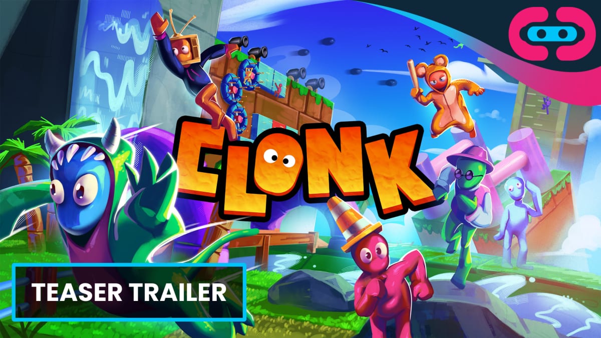 Clonk teaser trailer thumbnail with colorful clay characters racing across an obstacle course around the game logo