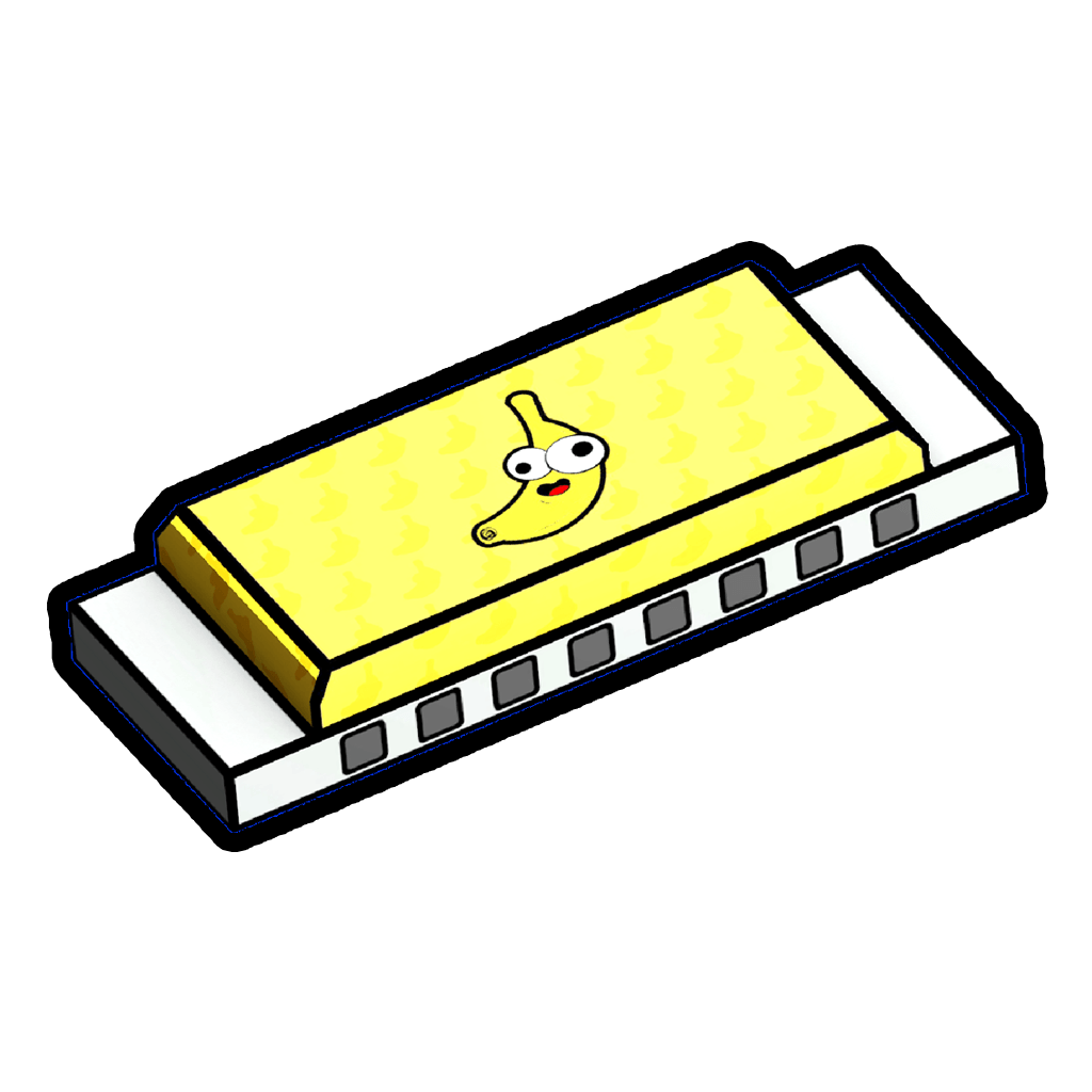 Doo Harmonica accessory icon, a yellow harmonica stamped with a cartoon banana face