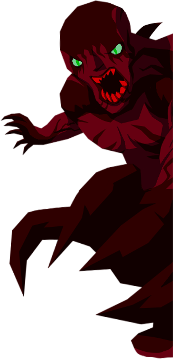 Frenzy Extinction enemy art of a clawed, dark red Ridden mutant with green eyes and a fanged maw
